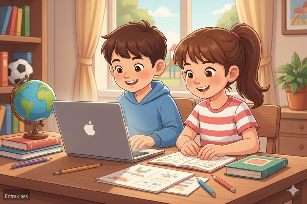 Dos niños (un niño y una niña) concentrados estudiando y haciendo tareas de educación financiera en una computadora portátil, simbolizando el aprendizaje online interactivo y colaborativo.