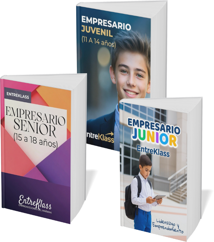 Imagen de tres libros educativos de EntreKlass sobre emprendimiento para niños y adolescentes: Empresario Junior (niños pequeños), Empresario Juvenil (11 a 14 años) y Empresario Senior (15 a 18 años), con portadas modernas y jóvenes protagonistas, representando un programa de educación empresarial por edades.