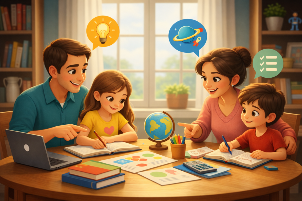 Ilustración estilo animado de dos padres trabajando junto a sus dos hijos alrededor de una mesa en un ambiente hogareño. El padre señala una laptop mientras la madre guía a uno de los niños; los hijos escriben y dibujan en cuadernos. En la mesa hay libros, lápices, gráficos y un globo terráqueo. Sobre ellos aparecen íconos de ideas, planificación y creatividad, transmitiendo colaboración familiar y aprendizaje compartido.