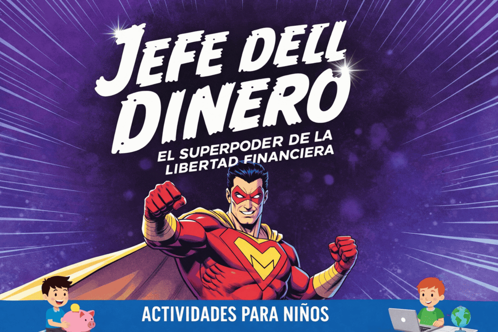 Portada ilustrada estilo cómic de ‘Jefe del Dinero’, con un superhéroe que simboliza la educación financiera infantil, fondo morado con efecto dinámico y el texto ‘El superpoder de la libertad financiera’. En la parte inferior aparecen niños aprendiendo sobre ahorro y dinero, representando actividades financieras para niños.