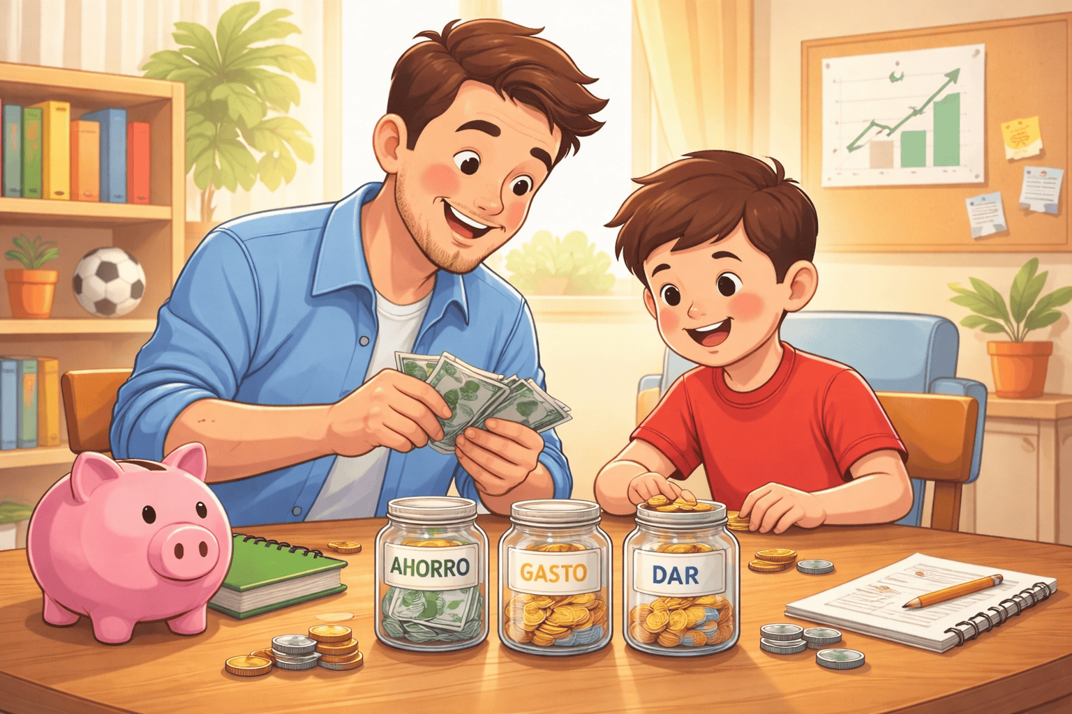 Padre y hijo aprendiendo educación financiera en casa mientras cuentan dinero y lo organizan en frascos de ahorro, gasto y dar, fomentando hábitos financieros saludables desde la infancia.