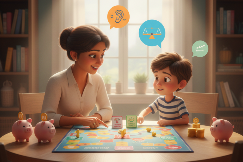 Ilustración estilo animado de una madre y su hijo sentados frente a frente en una mesa redonda, conversando mientras juegan a un juego de mesa educativo. La madre señala el tablero y sonríe; el niño la mira con atención. Sobre ellos aparecen íconos de diálogo que representan escucha, equilibrio y acuerdo. En la mesa hay fichas, monedas y alcancías, y el ambiente es cálido y hogareño, con una ventana luminosa y estanterías al fondo.