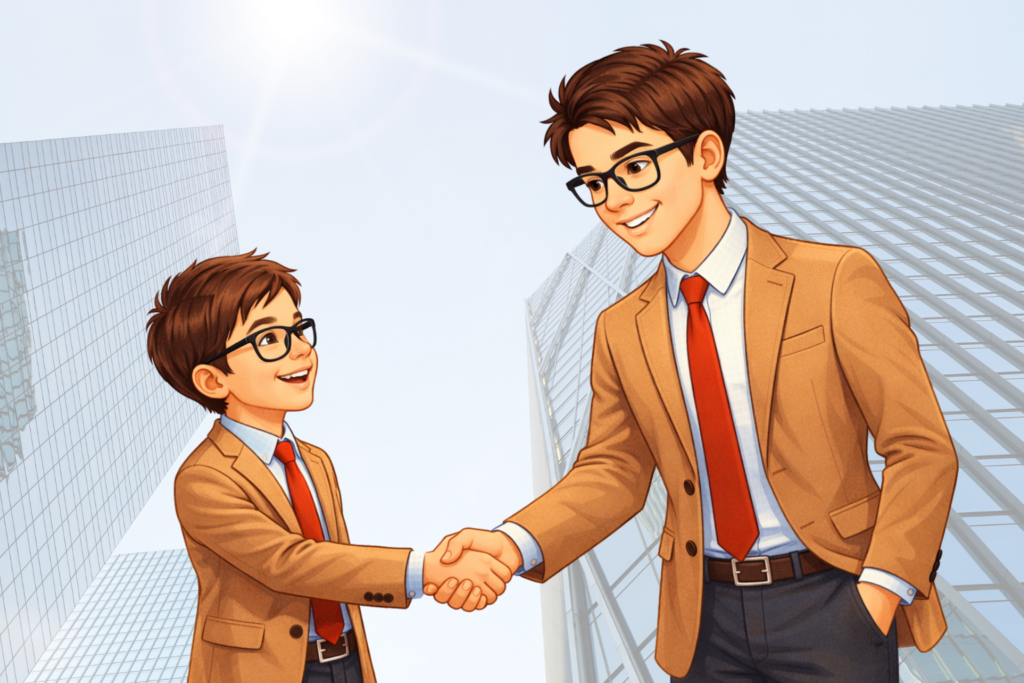 Ilustración de un niño de 7 años y su versión de 18 años dándose la mano: ambos comparten rasgos similares y usan gafas, traje marrón y corbata roja. El niño mira al joven con admiración y una sonrisa, mientras el joven responde con una expresión confiada y cercana, simbolizando el crecimiento personal, la continuidad y el encuentro entre el pasado y el futuro.