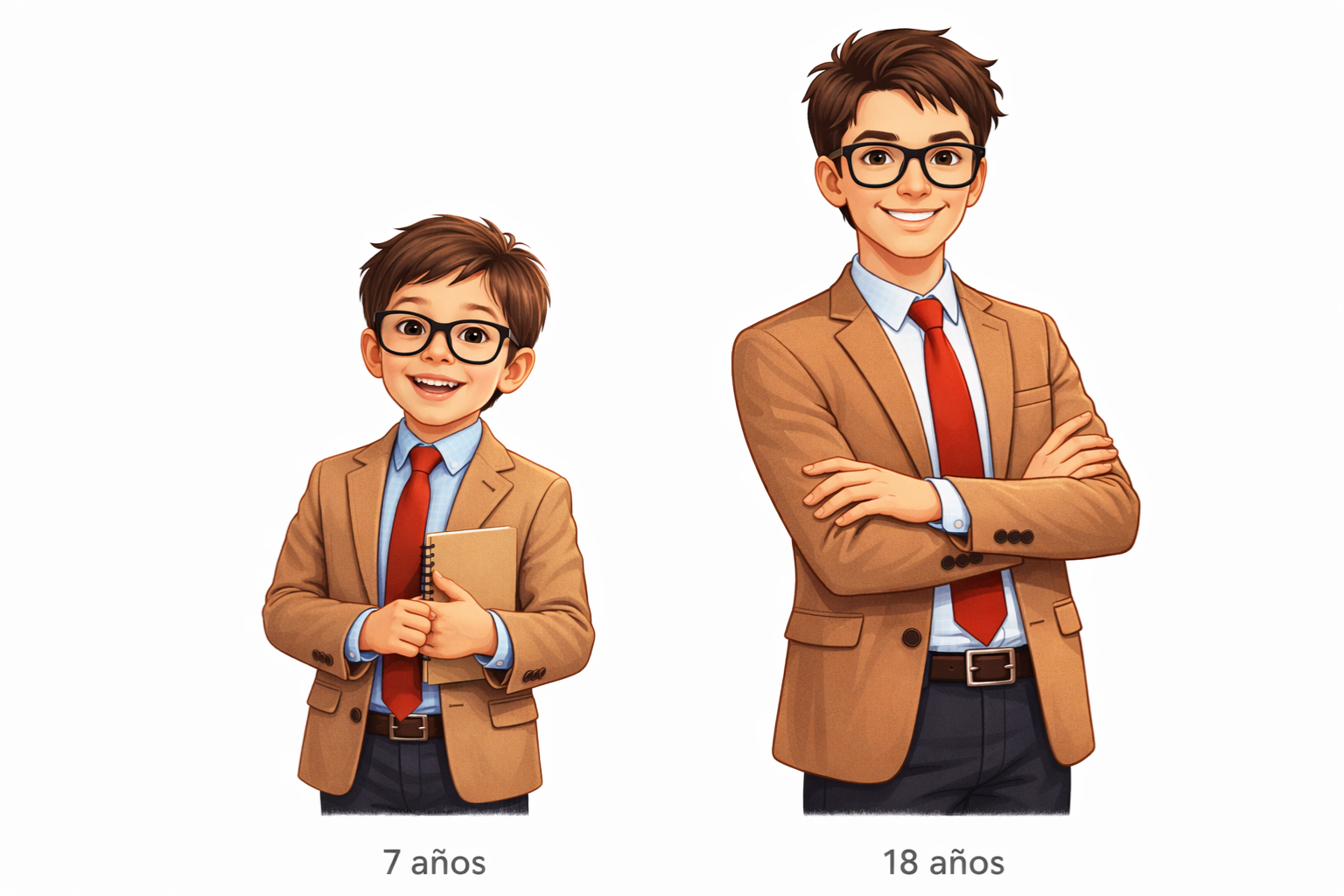 Ilustración de dos versiones del mismo niño en paralelo: a la izquierda, un niño de 7 años sonriente, con gafas, traje marrón y corbata roja, sosteniendo una libreta; a la derecha, su versión de 18 años, más alto y seguro, con rasgos similares, gafas y vestimenta formal a juego, de pie con los brazos cruzados, representando el crecimiento y la evolución con el paso del tiempo y el proposito del 2026