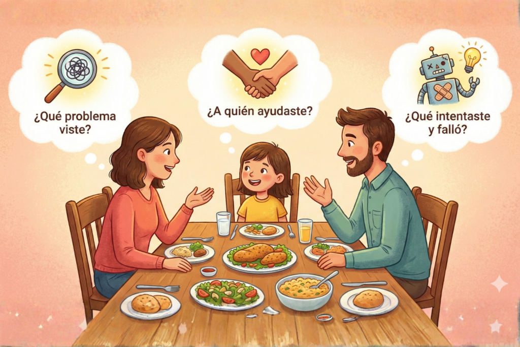 Ilustración de una cena familiar donde los padres dialogan con su hija usando tres preguntas clave de mentalidad emprendedora: ¿Qué problema viste?, ¿A quién ayudaste? y ¿Qué intentaste y falló?, representadas con iconos visuales de pensamiento crítico, colaboración y resiliencia